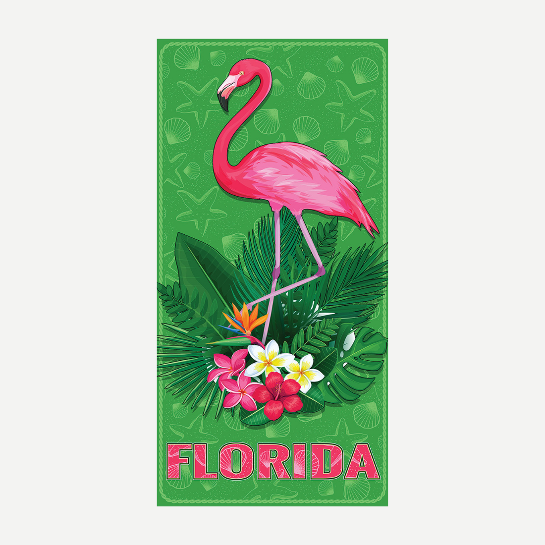 A rectangular velour beach towel with a green background, featuring a large pink flamingo standing among tropical flowers and the text FLORIDA.