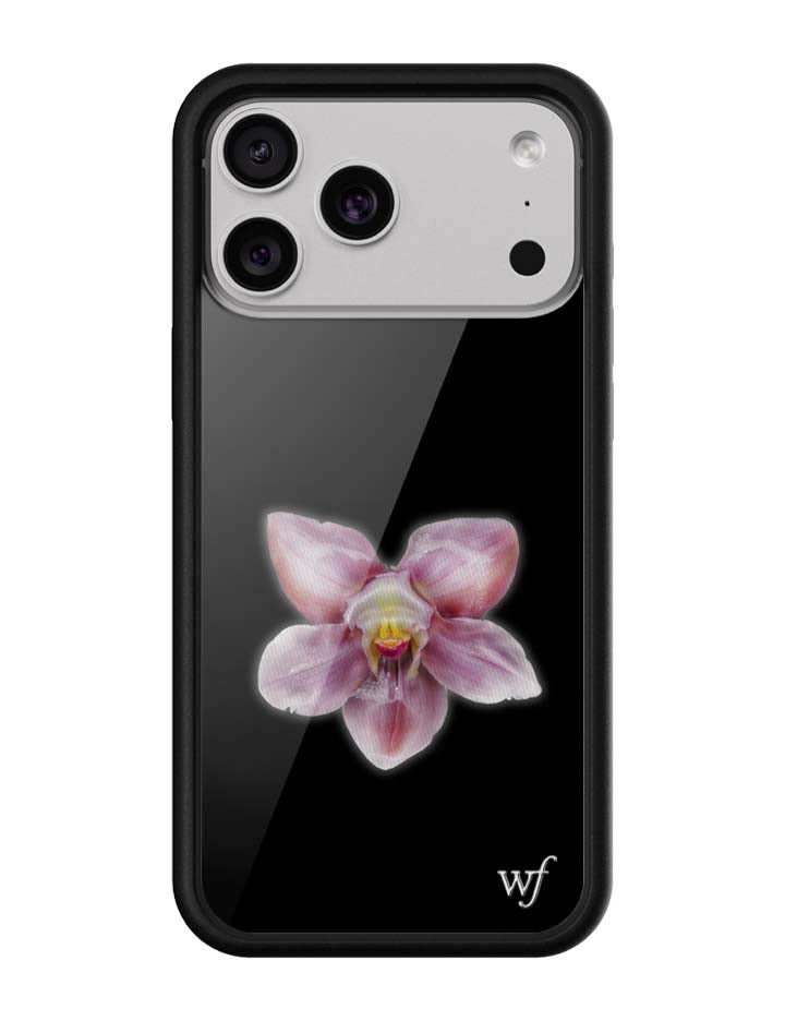 Black iPhone case featuring a soft pink orchid flower in the center with a sandblasted black rubber bumper