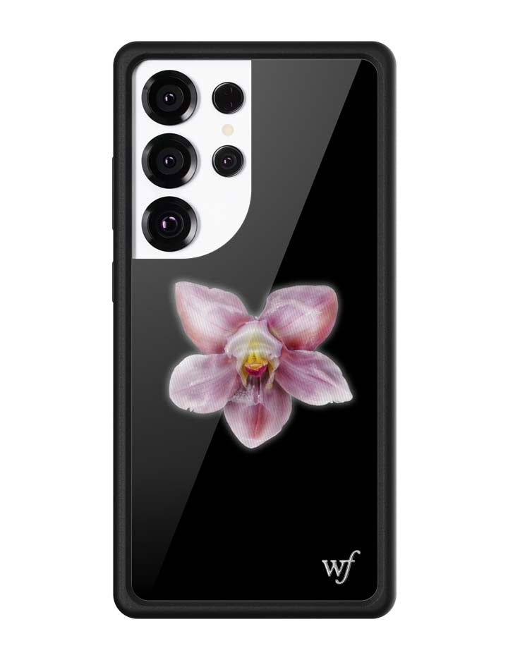 A Samsung Galaxy phone case featuring a central purple and white orchid flower graphic on a glossy black background with a black protective rubber bumper.