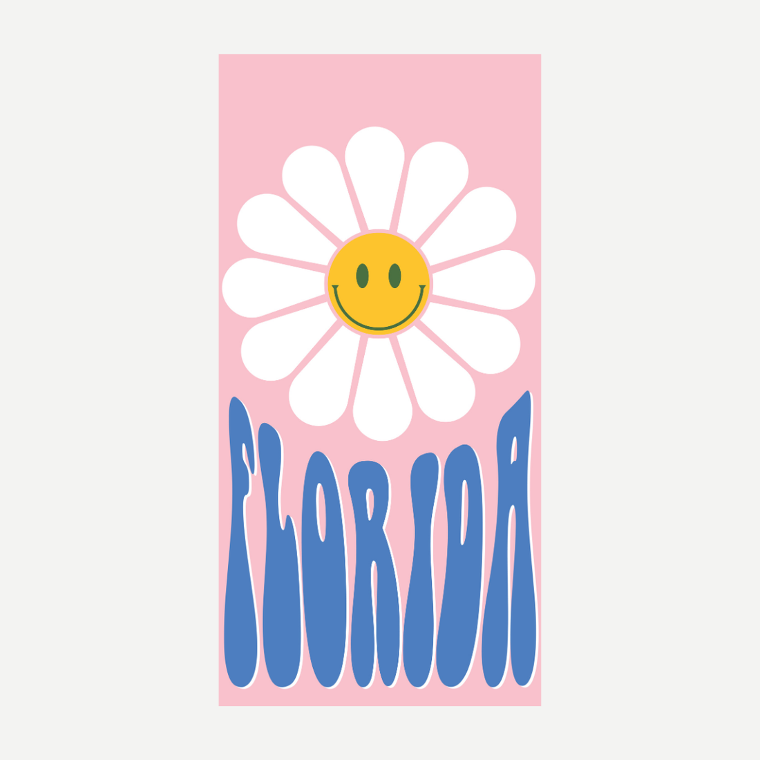 Pink beach towel featuring a large white sunflower with a yellow smiley face and the word FLORIDA in blue, wavy letters.