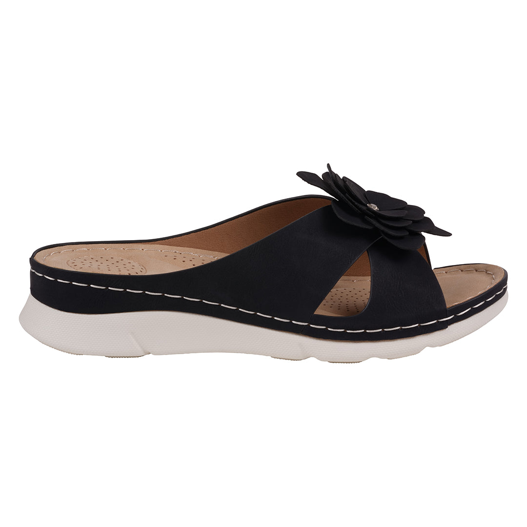 Women's Claire Black Flower Rosette Cushioned Comfort Sandals - Image 2