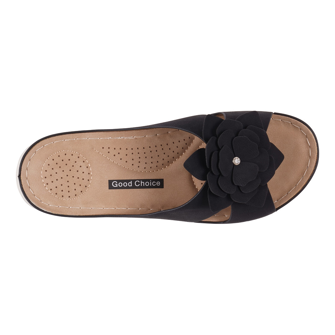 Women's Claire Black Flower Rosette Cushioned Comfort Sandals - Image 3