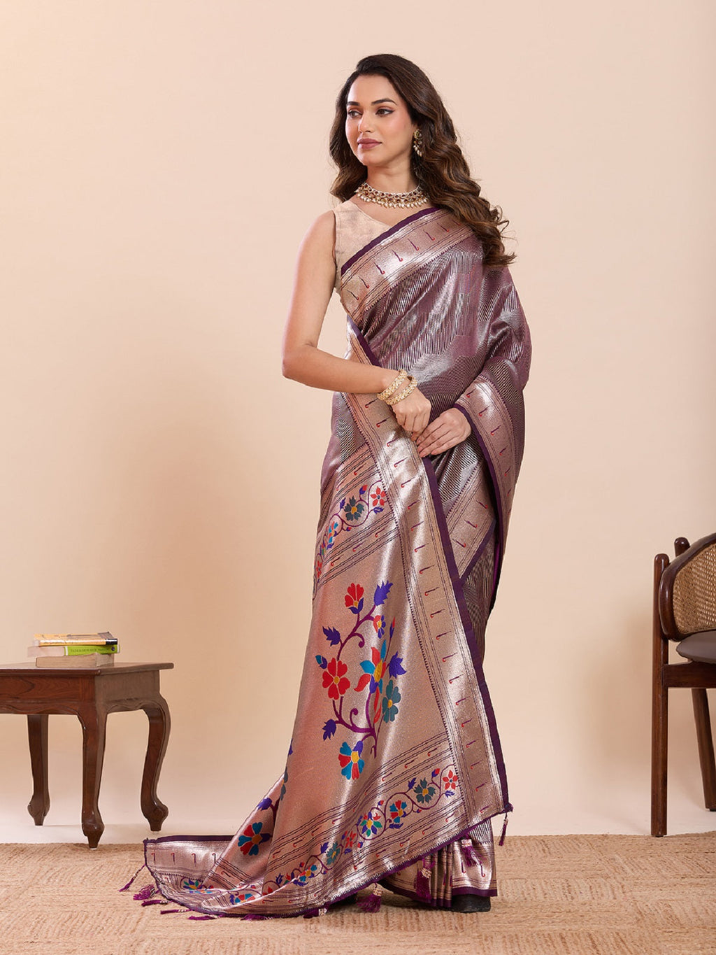 Purple Soft Silk Wedding Saree with Woven Lotus Motifs