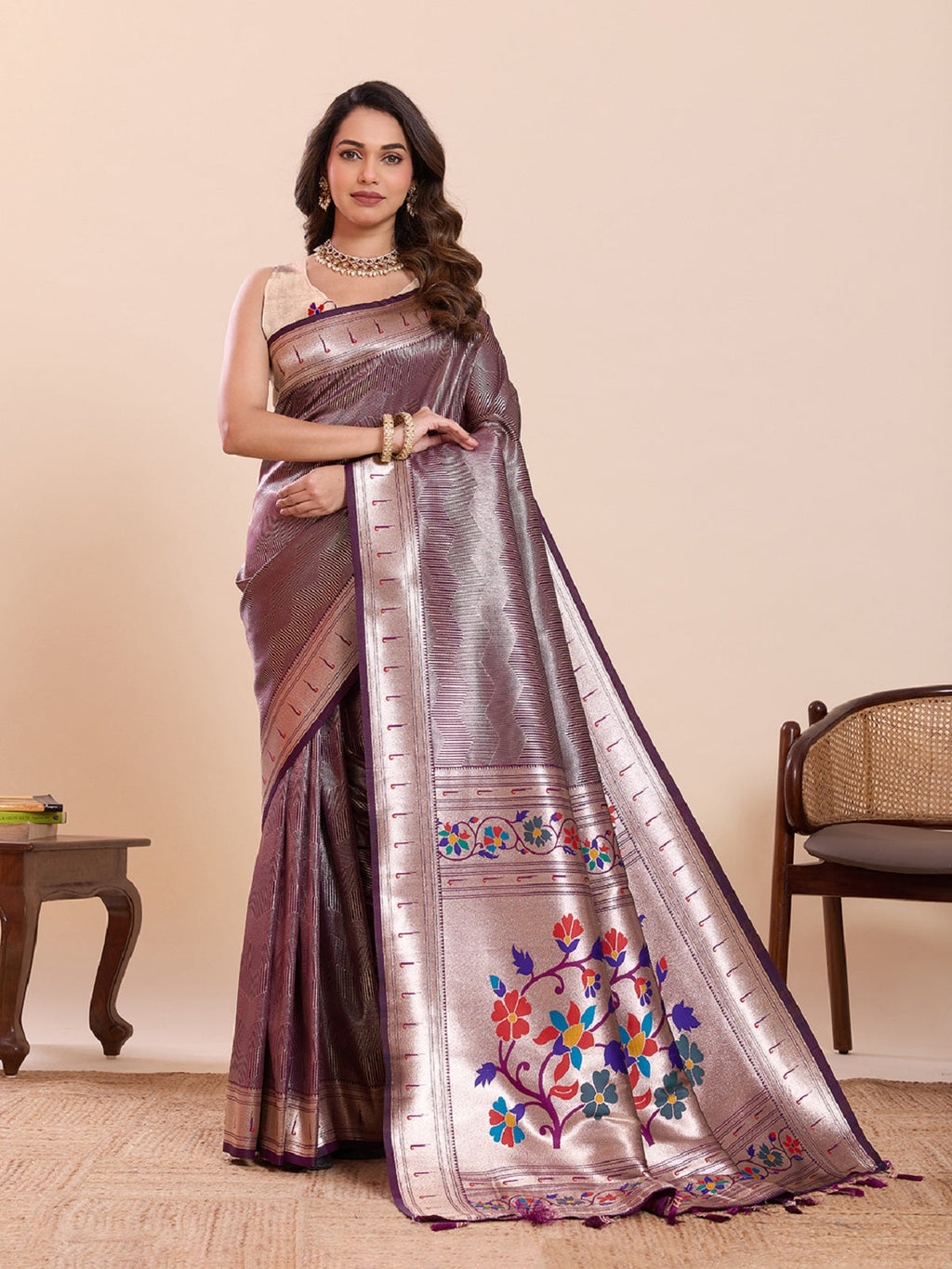 Purple Pure Soft Silk saree with elegant woven lotus motifs