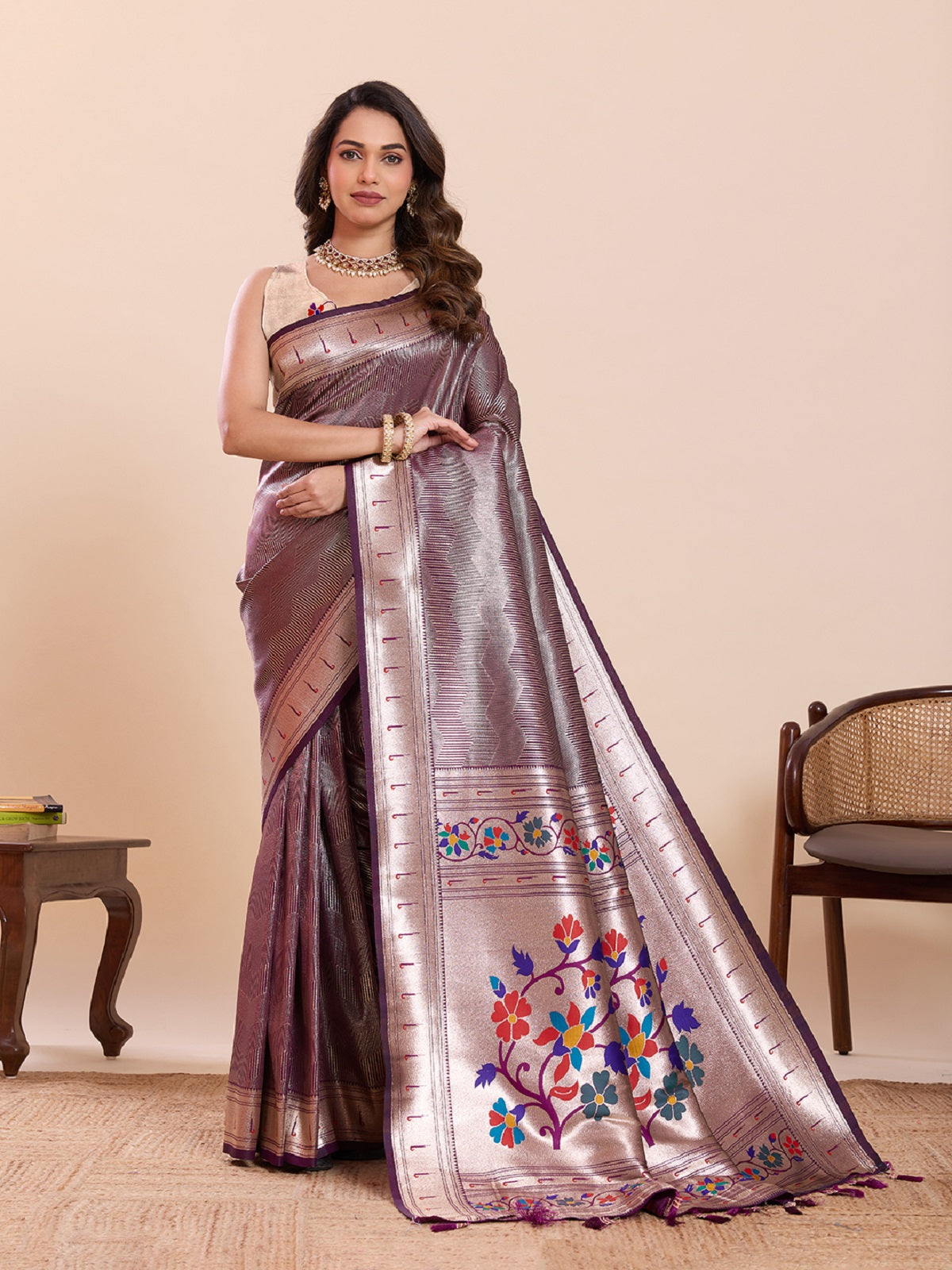 Purple Pure Soft Silk saree with elegant woven lotus motifs
