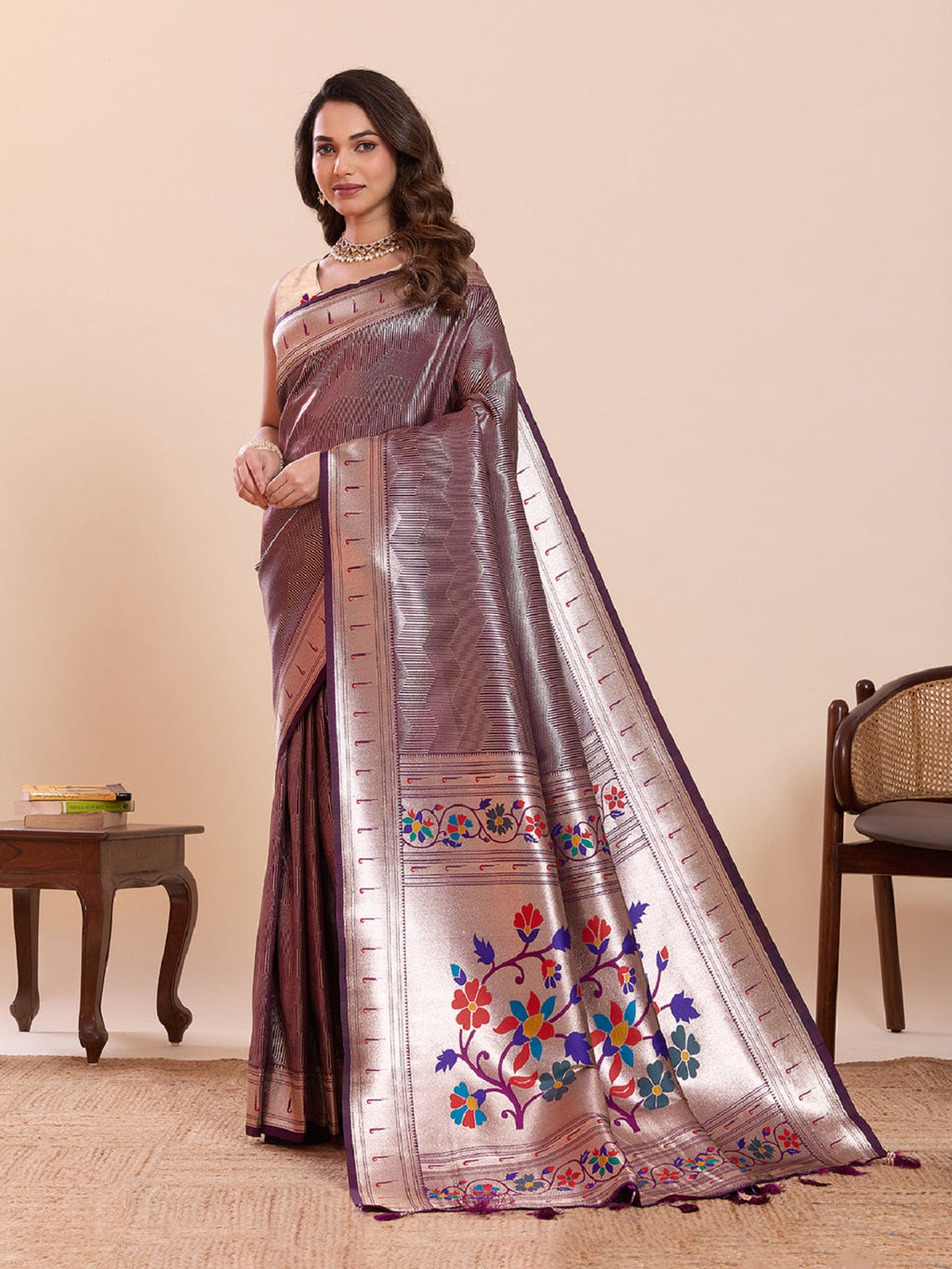 Purple Soft Silk Wedding Saree with Woven Lotus Motifs