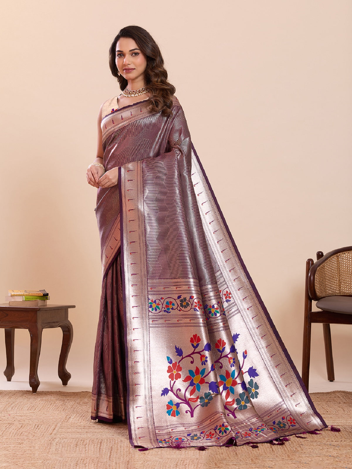 Purple Soft Silk Wedding Saree with Woven Lotus Motifs