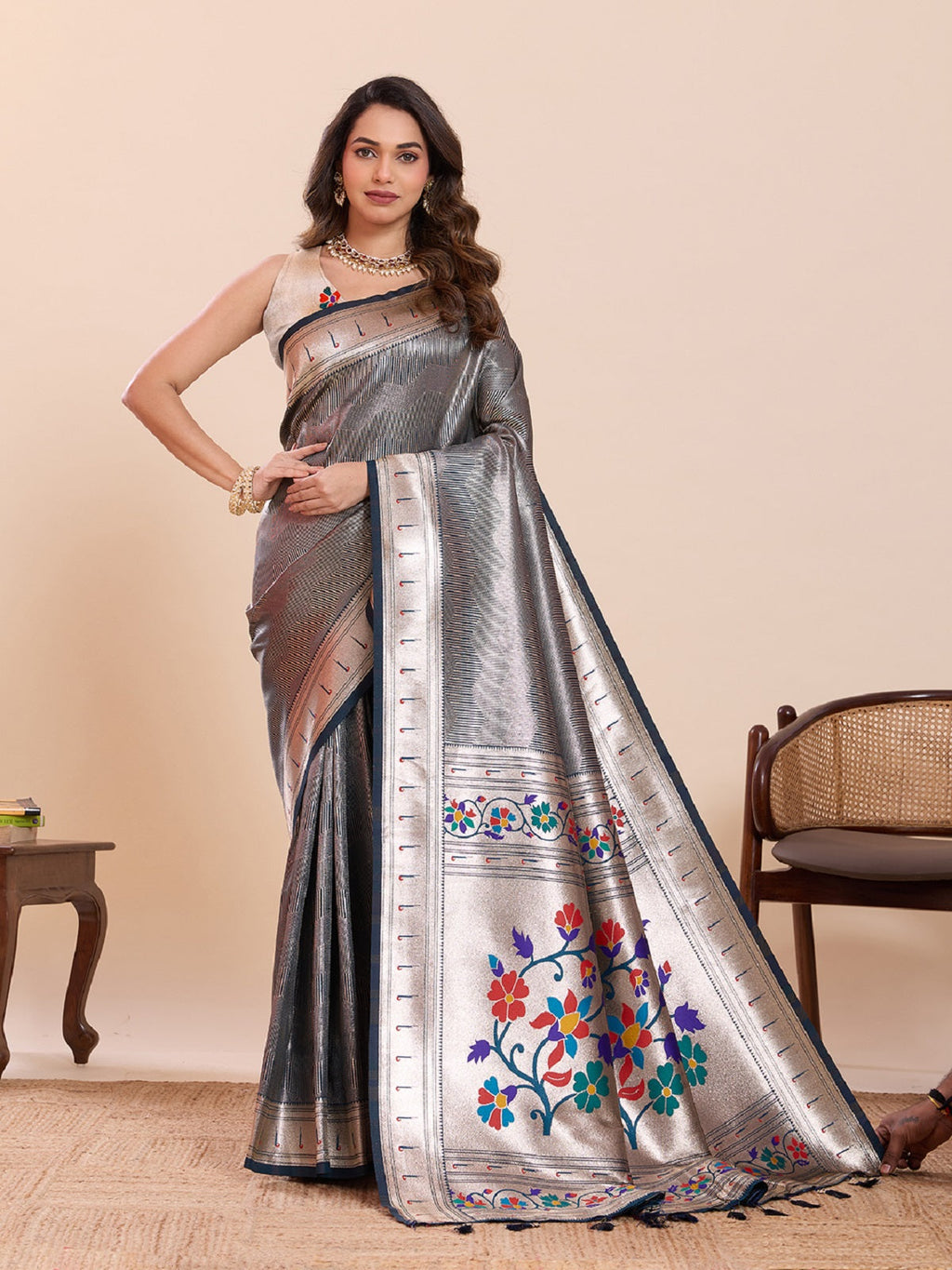 Teal Blue pure soft silk wedding saree with woven lotus motifs and unstitched blouse