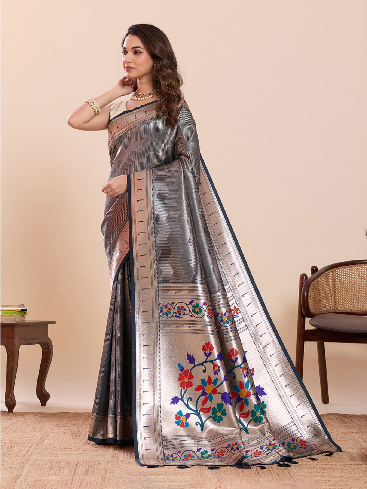Teal Blue Soft Silk Wedding Saree with Woven Lotus Motif Work