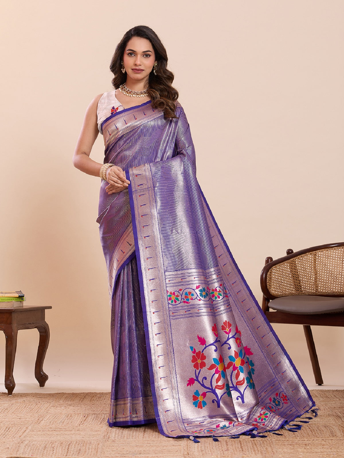 Purple Pure Soft Silk wedding saree featuring woven lotus motifs