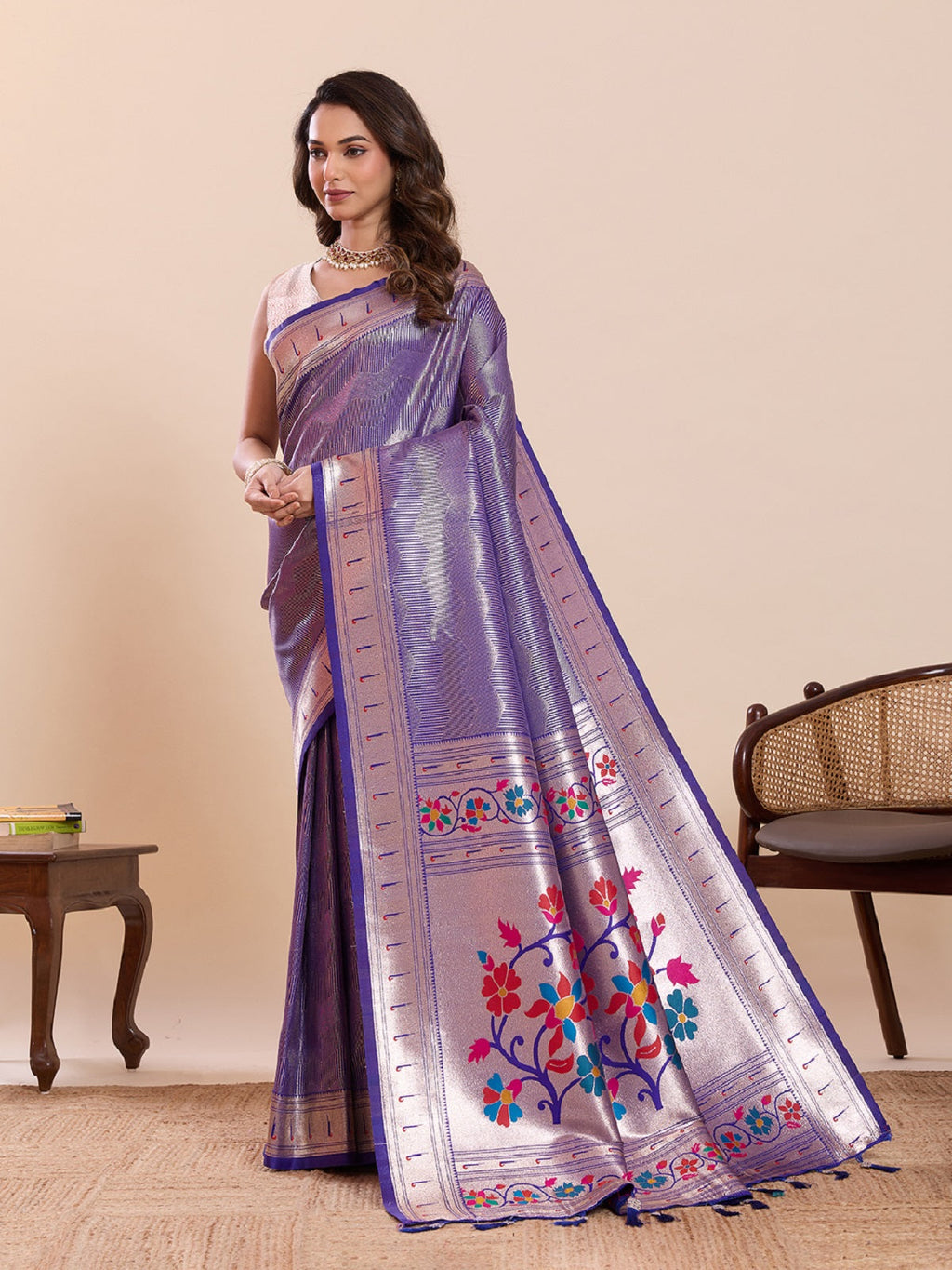 Purple Pure Soft Silk Wedding Saree with Woven Lotus Motifs