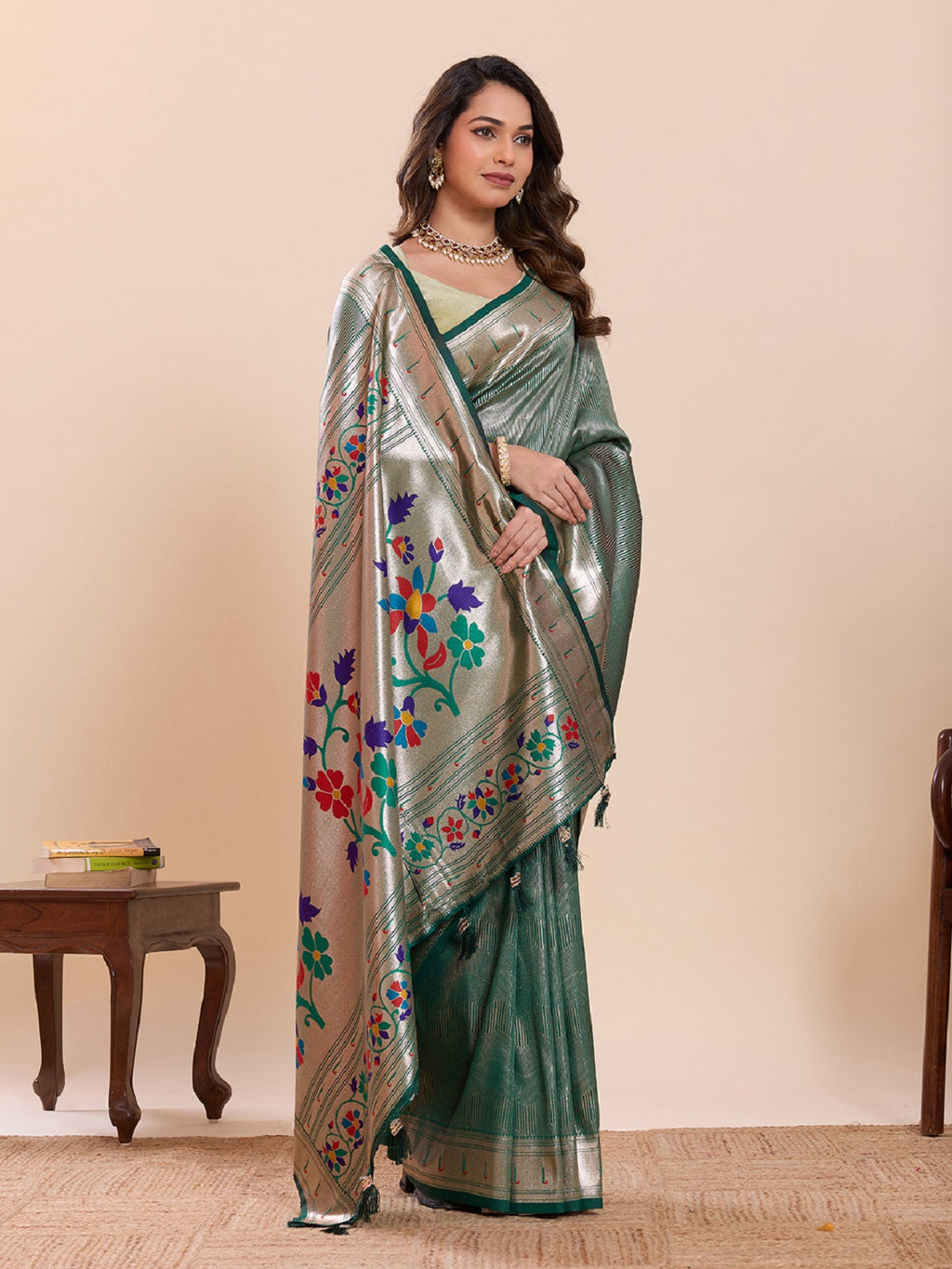 Green Pure Soft Silk Saree with Woven Lotus Motif