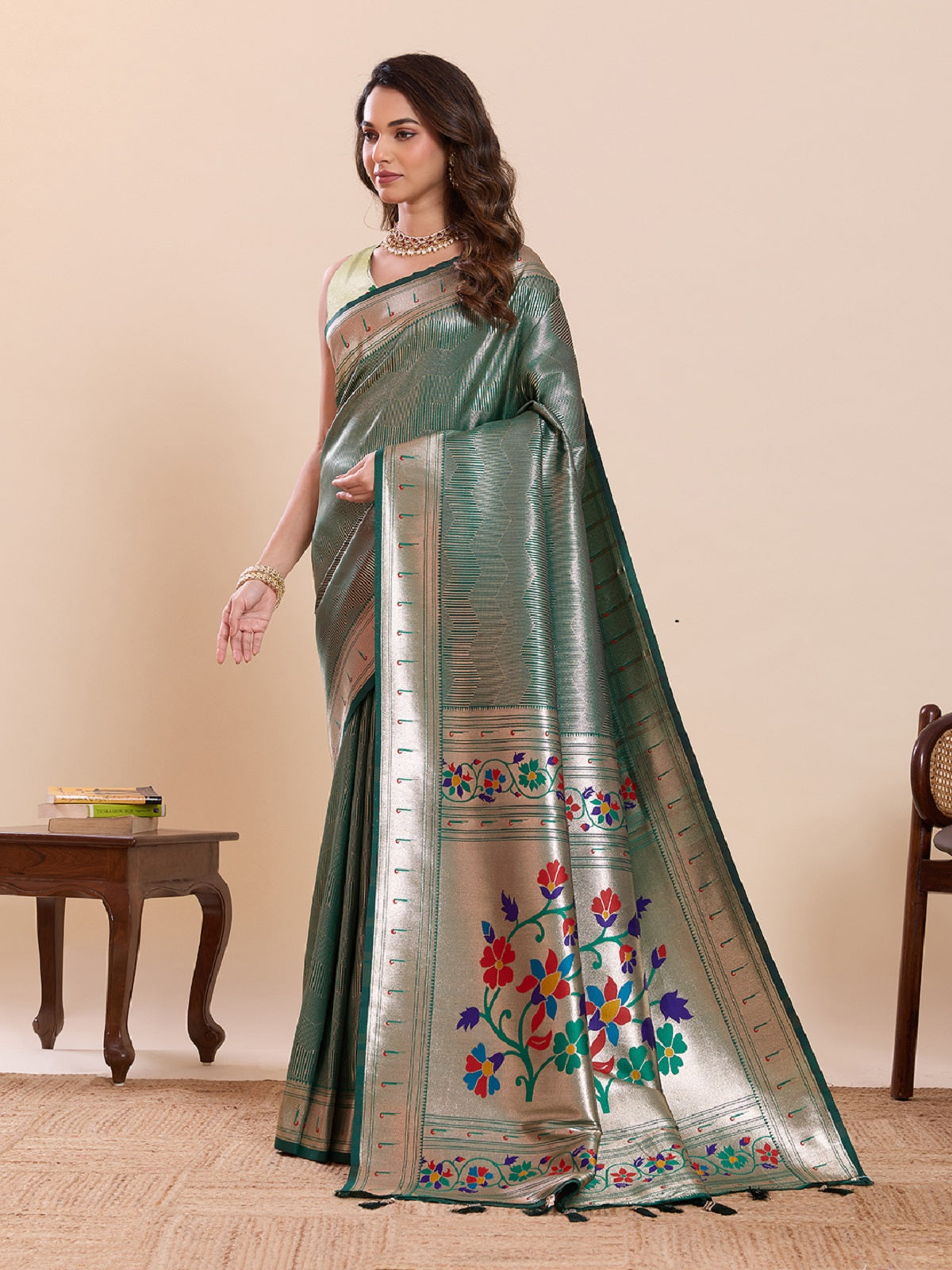 Green Pure Soft Silk Saree with Woven Lotus Motif