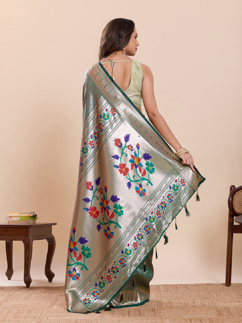 Green Pure Soft Silk Saree with Woven Lotus Motif