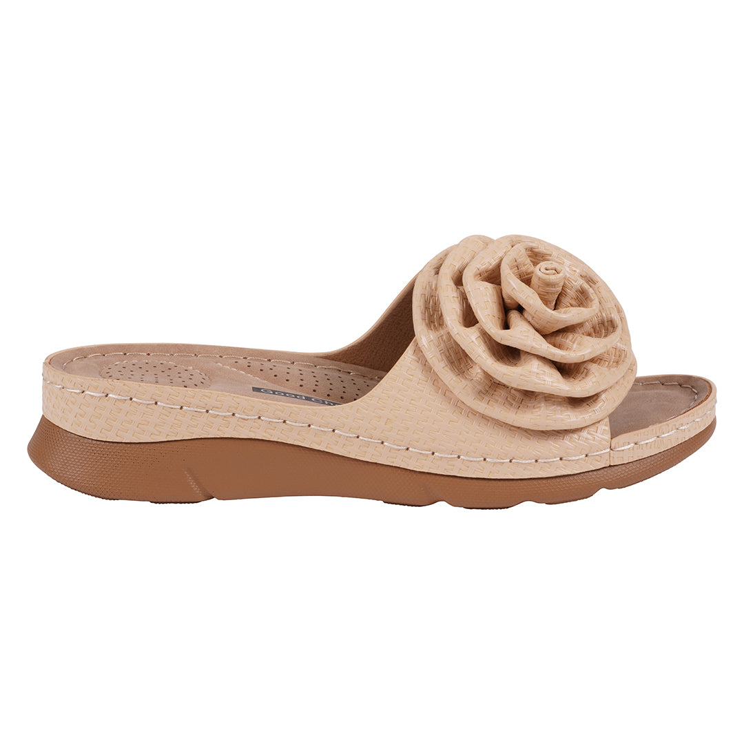 Women's Natural Flat Comfort Sandals with Flower Rosette Detail