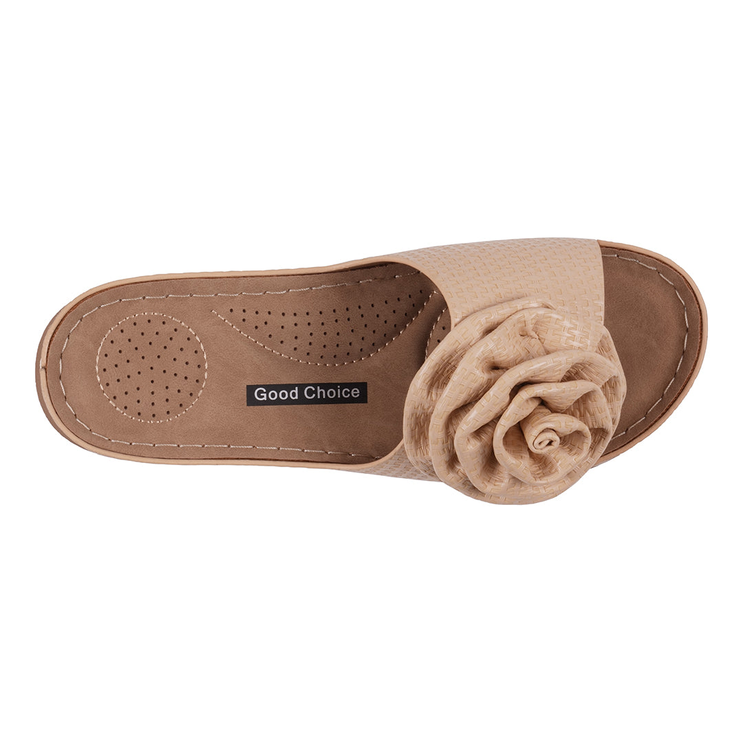 Women's Natural Flat Comfort Sandals with Flower Rosette Detail