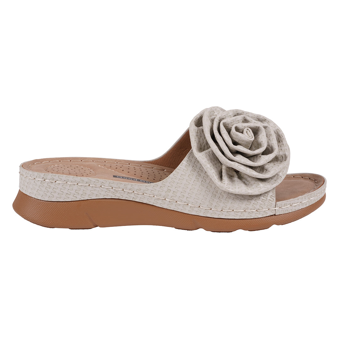 Honey Grey Flat Sandals with Flower Rosette Detail