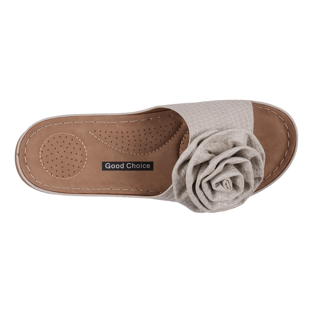 Honey Grey Flat Sandals with Flower Rosette Detail
