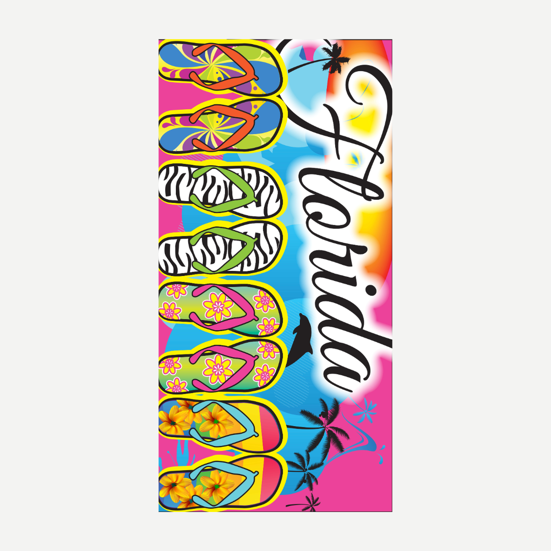 A colorful beach towel featuring a Florida-themed print with palm trees, a sunset, and multiple pairs of patterned flip-flops.