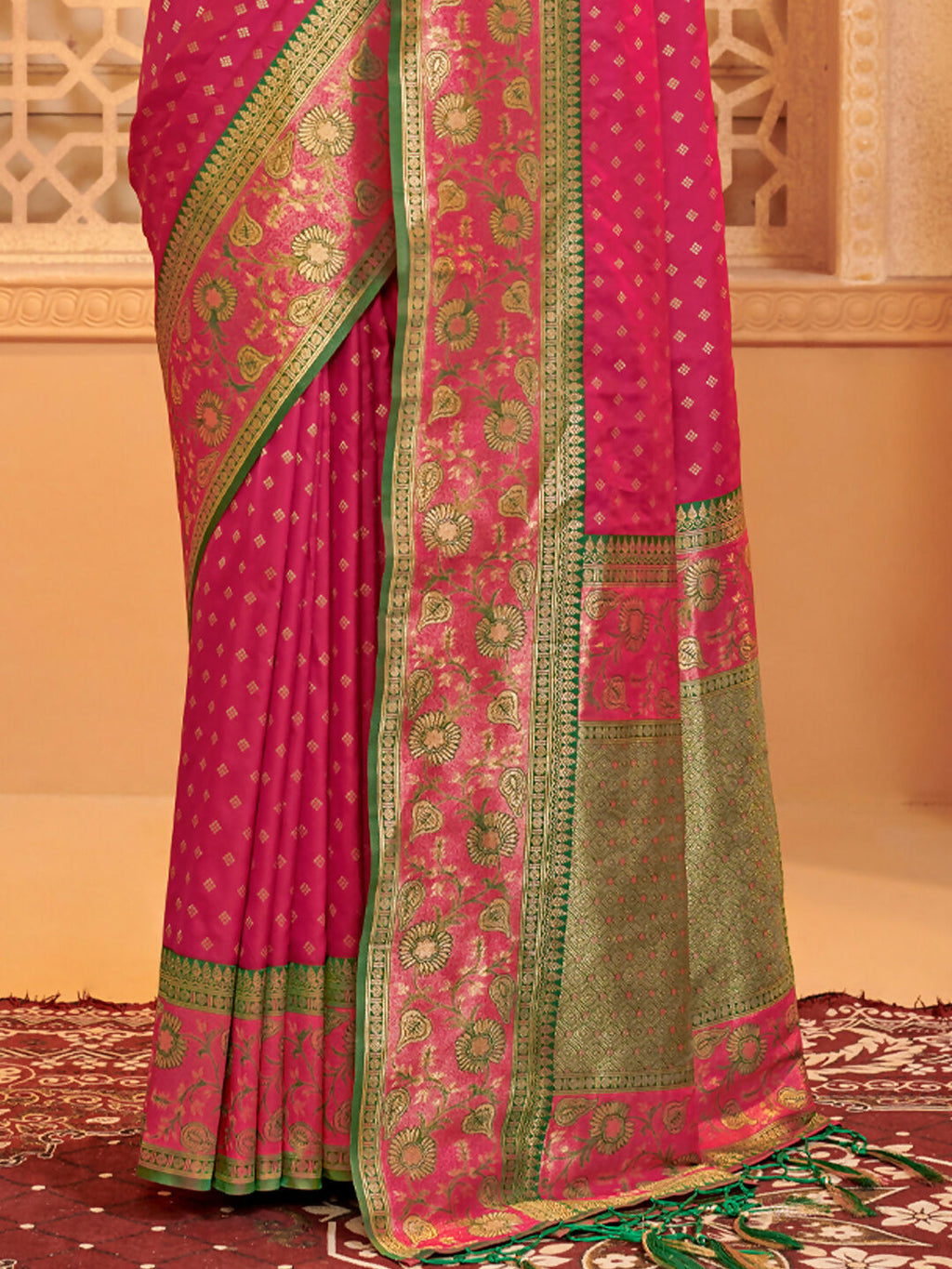 Dark Pink Silk Blend Saree with Green Blouse