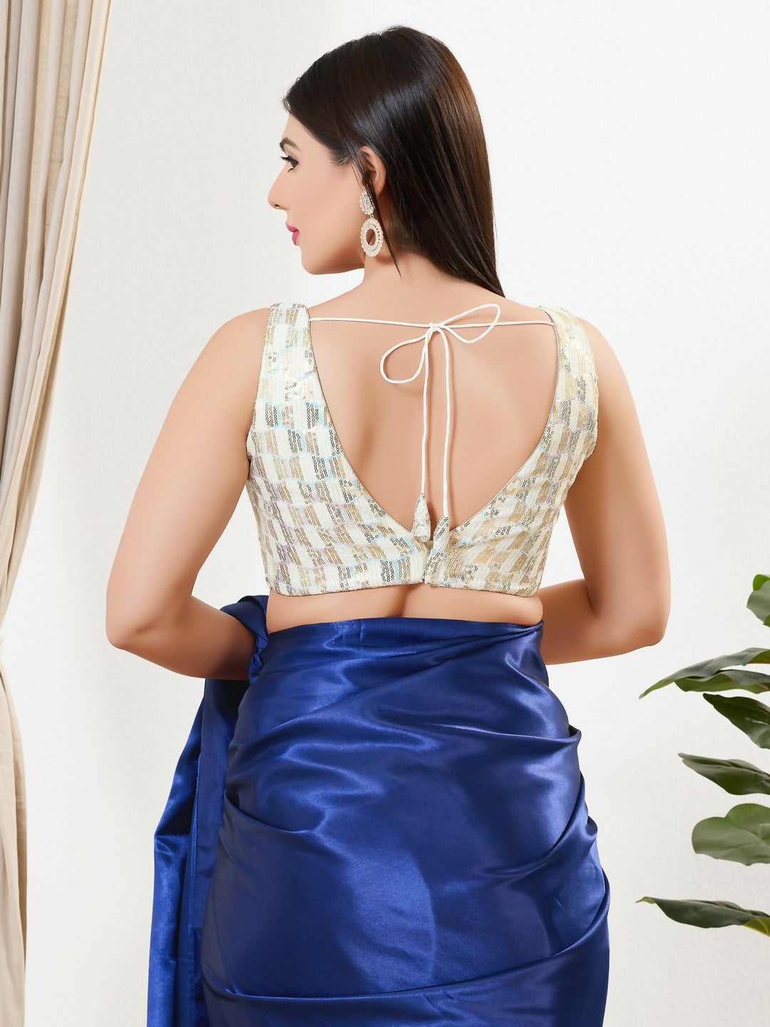 Gold Sequin Padded Sleeveless V-Neck Blouse for Festive Look