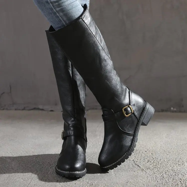 Women's Retro Knee-High Boots with Buckle and Low Block Heel - Image 16