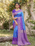 Elegant sky blue soft silk saree with a smooth drape and matching blouse fabric.