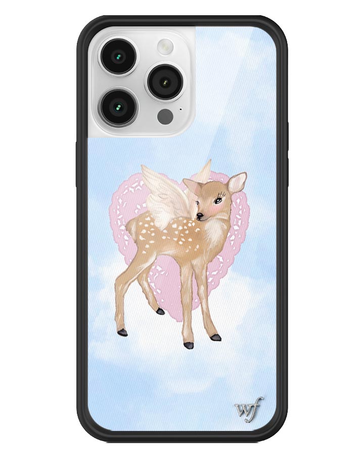 Back and angled view of an iPhone case featuring a deer with angel wings, a pink heart, and baby blue sky background.