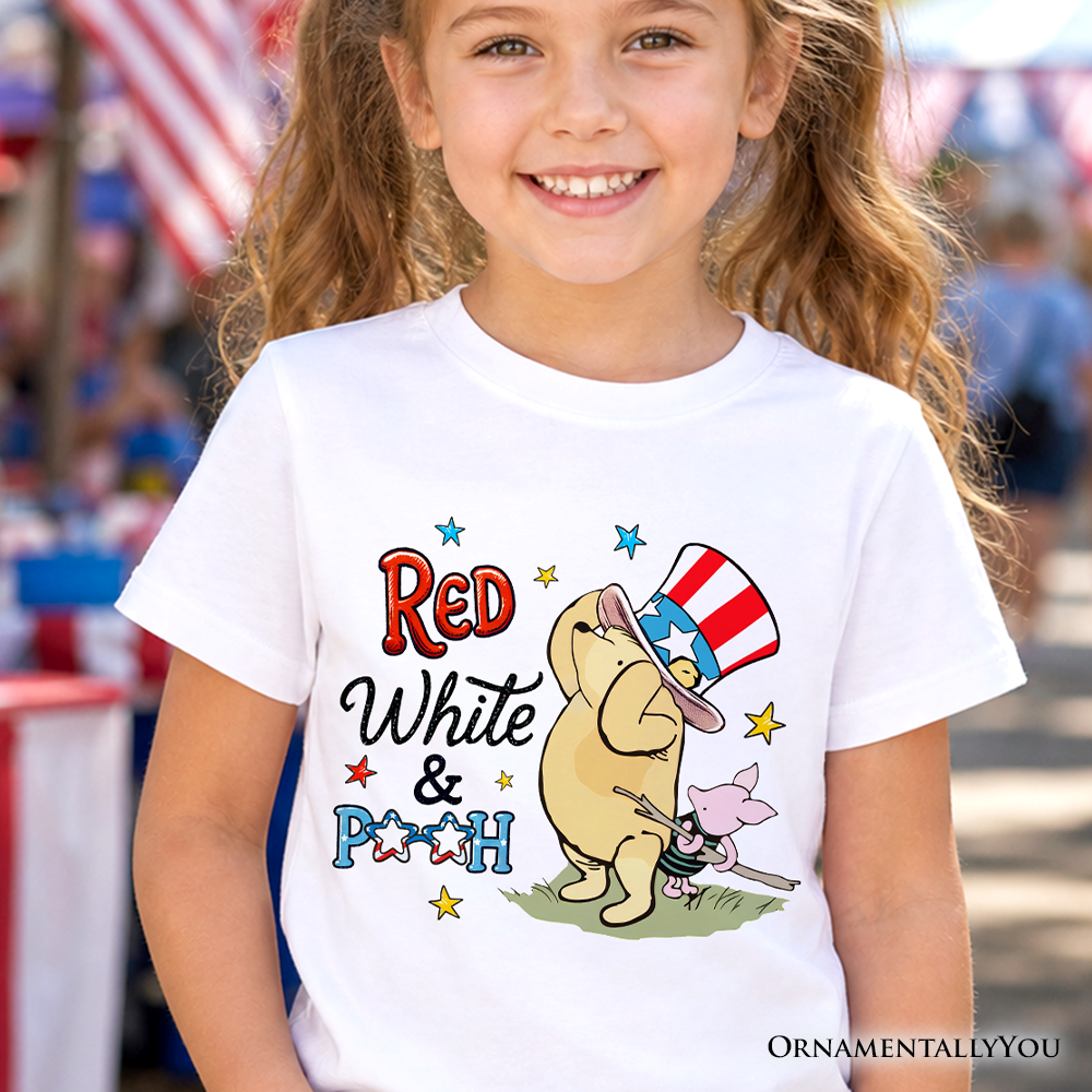 Child wearing a red, white, and blue Winnie-the-Pooh patriotic t-shirt