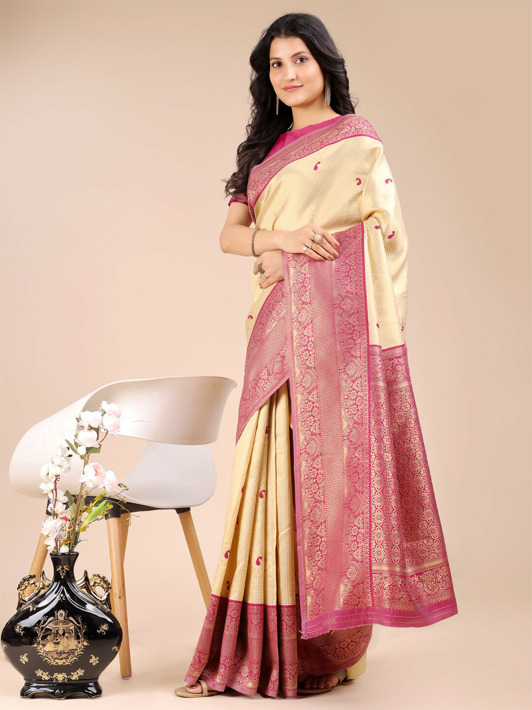 Cream and Magenta Banarasi Silk Saree with Matching Blouse