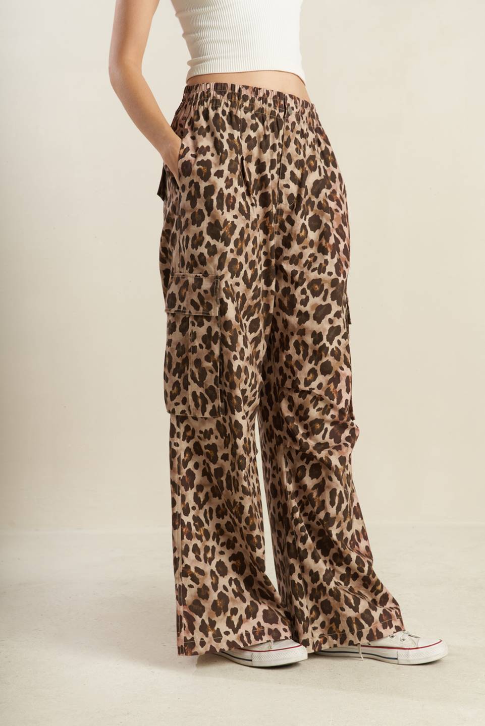 Leopard Print Wide Leg Cargo Pants in Cotton - Image 5