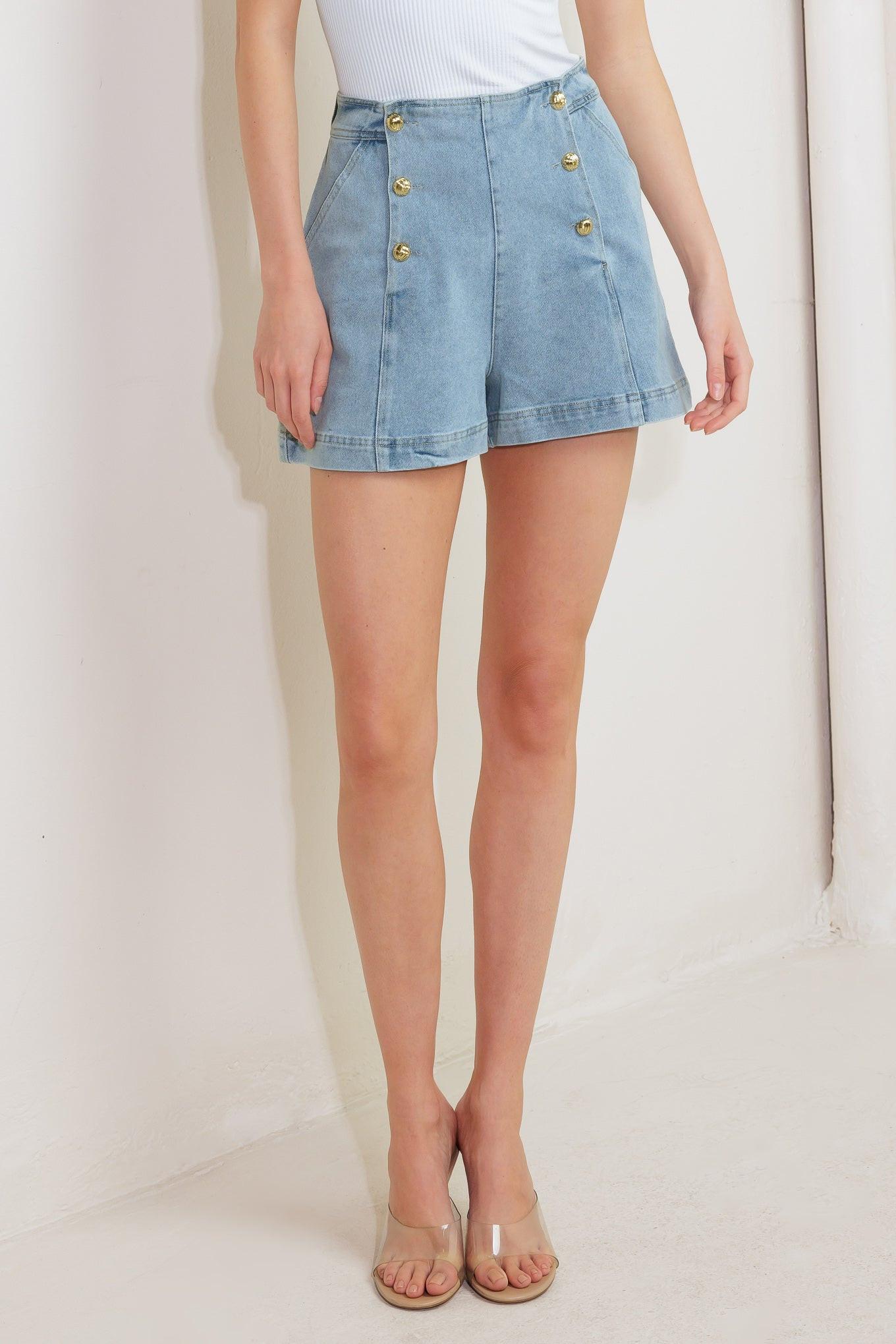 Washed Denim High Waist Button Front Skort