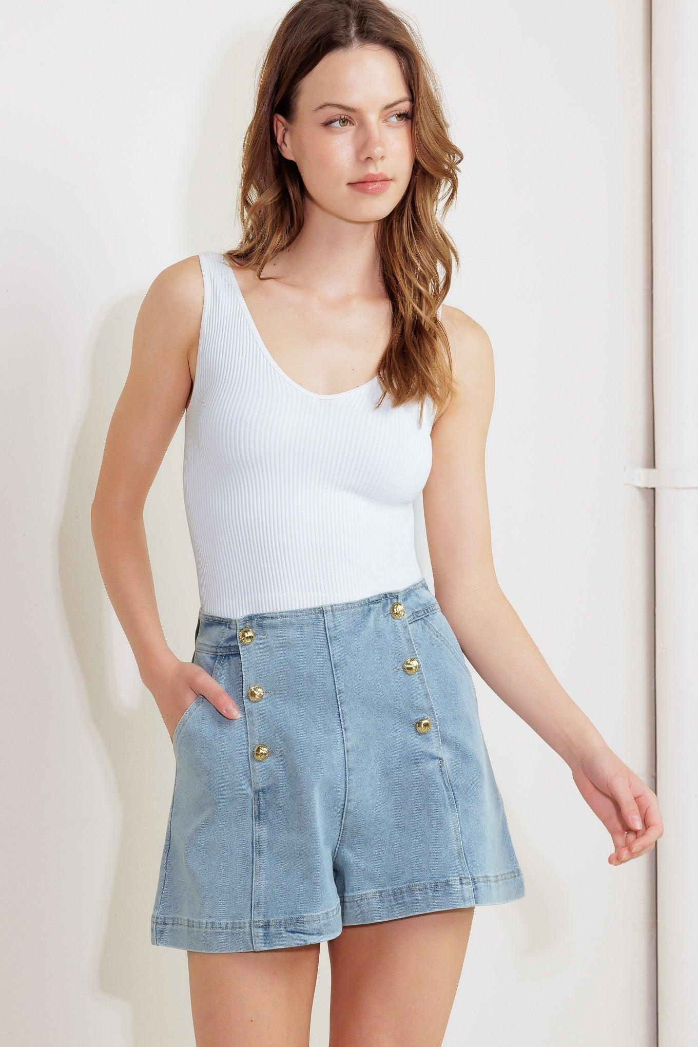 Washed Denim High Waist Button Front Skort
