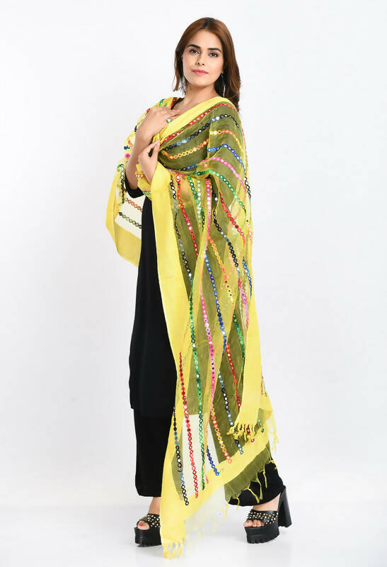 Women's Lemon Yellow Organza Multi Thread Mirror Work Dupatta