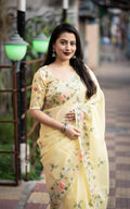 Yellow Pure Linen saree with ethnic pencil stitch embroidery and matching blouse
