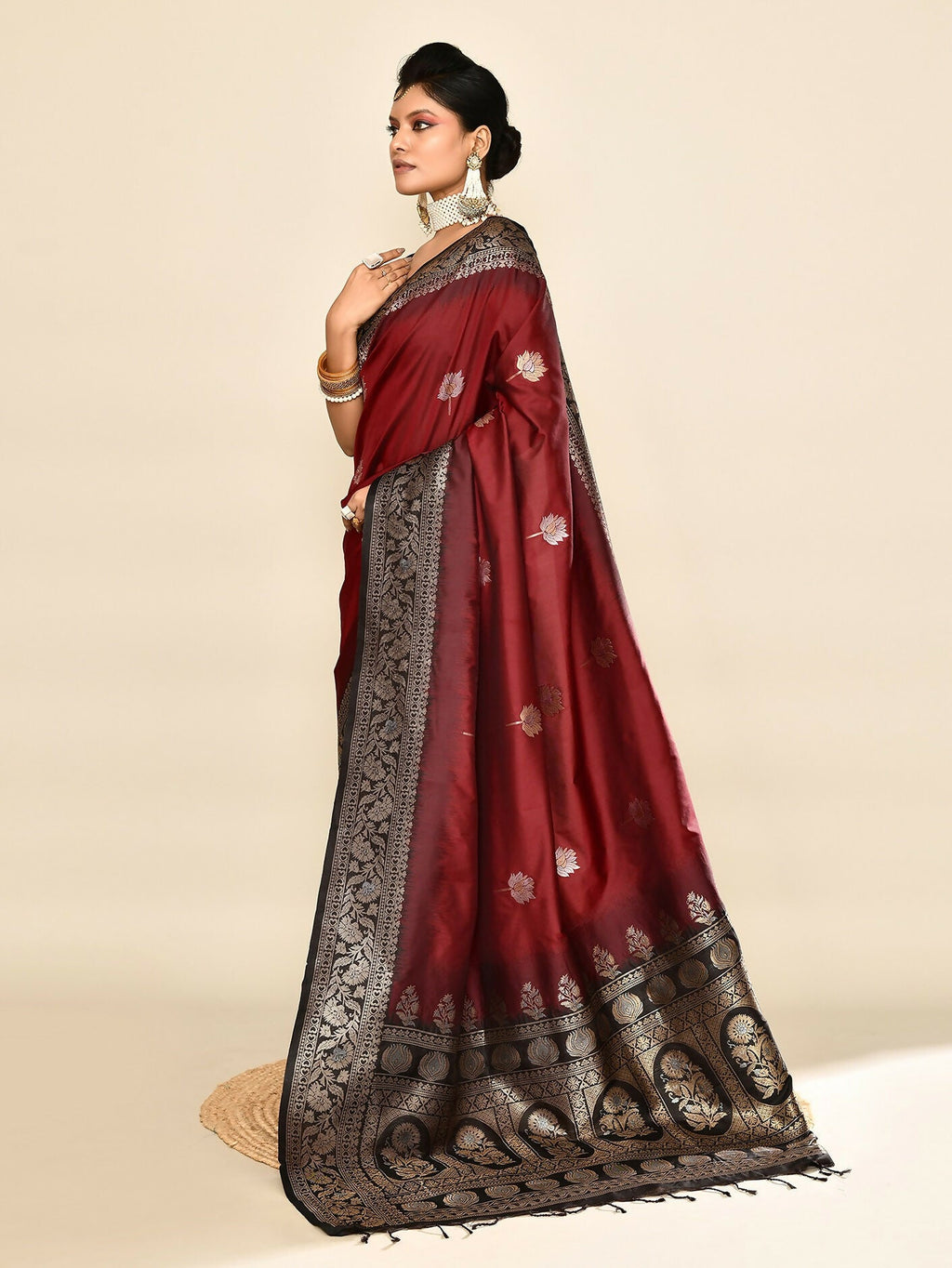 Maroon & Black Plain Banarasi Silk Saree with Weaving Border