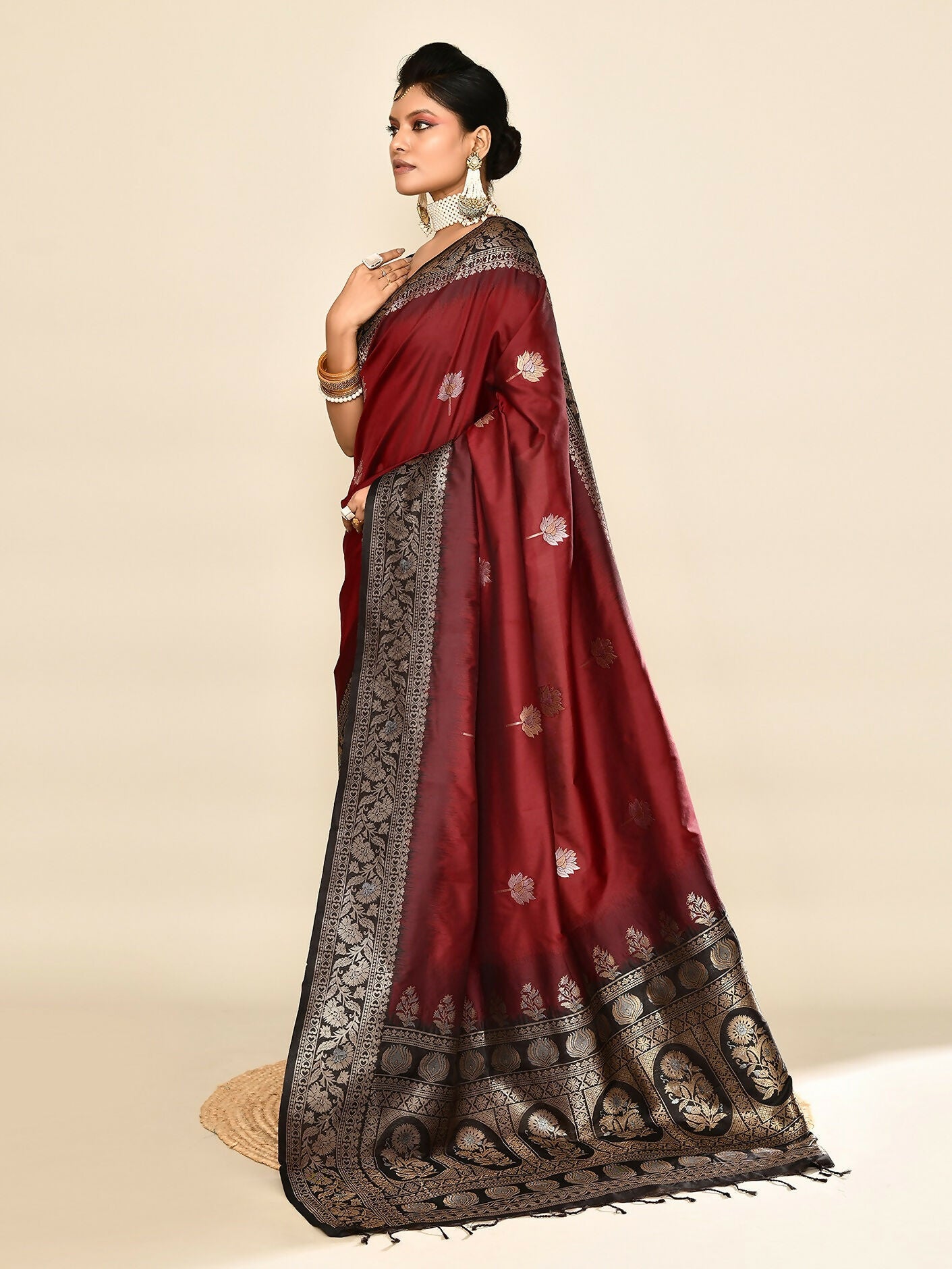 Maroon & Black Plain Banarasi Silk Saree with Weaving Border