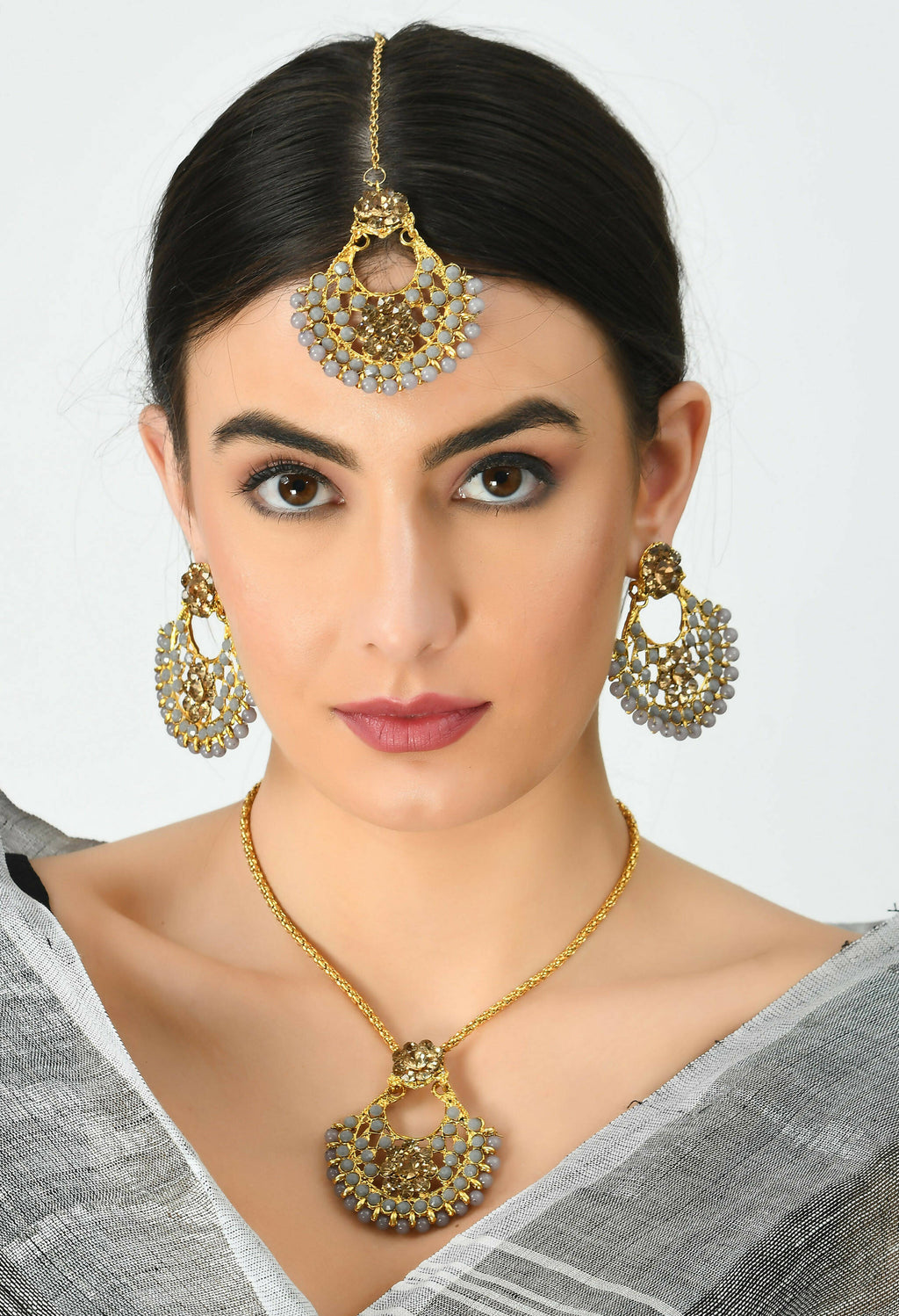 Golden and Grey Long Statement Necklace in Gold-Polished Brass
