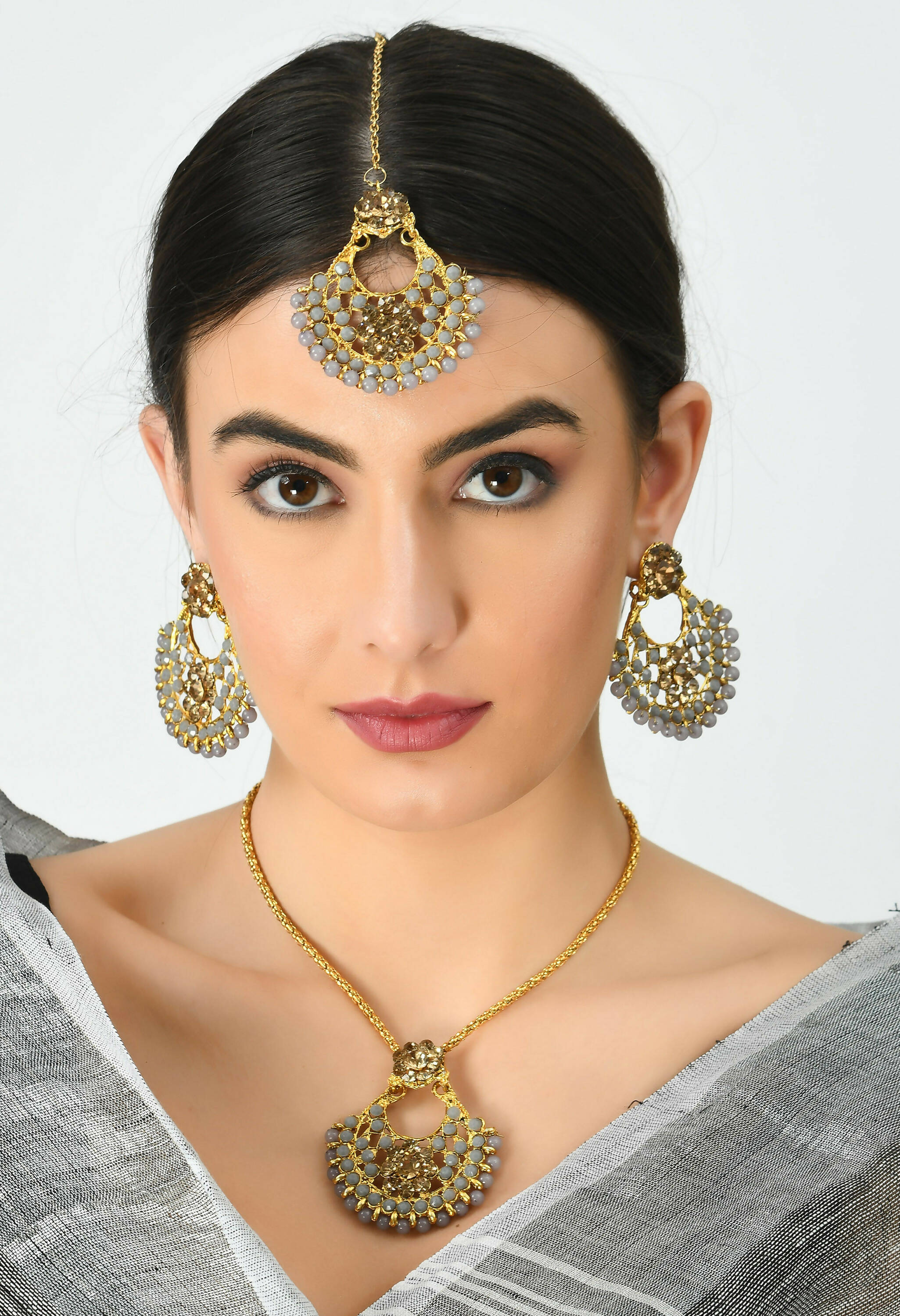 Golden and Grey Long Statement Necklace in Gold-Polished Brass