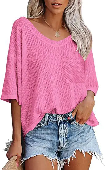 Women's Pink Waffle Knit V-Neck Short Sleeve Casual Loose Shirt - Image 2