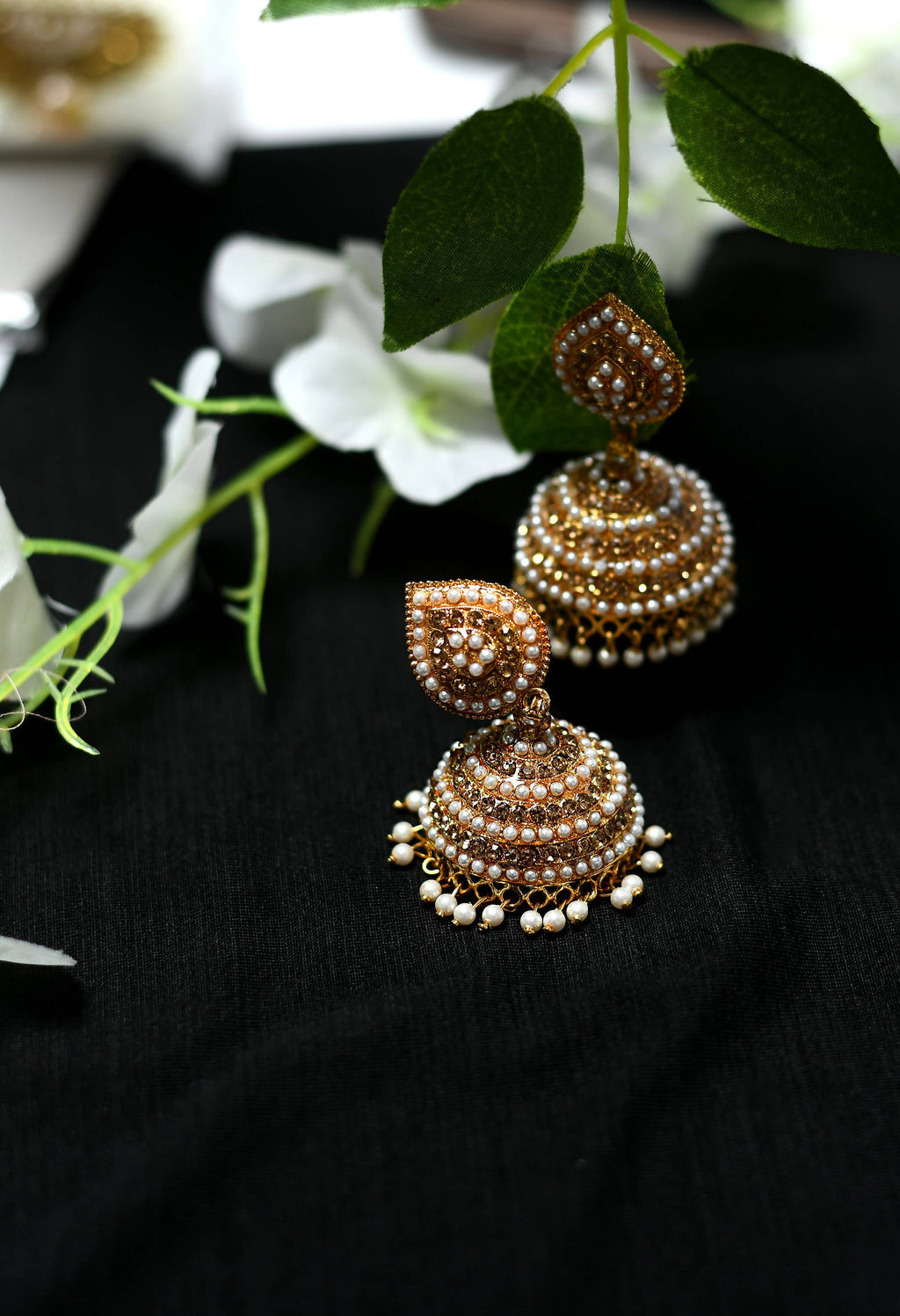 Johar Kamal Leaf Design Jhumka Earrings with Stones and Pearls
