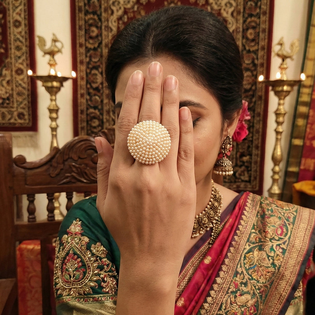 Vintage Clustered Pearl Antique Gold Polish Statement Ring