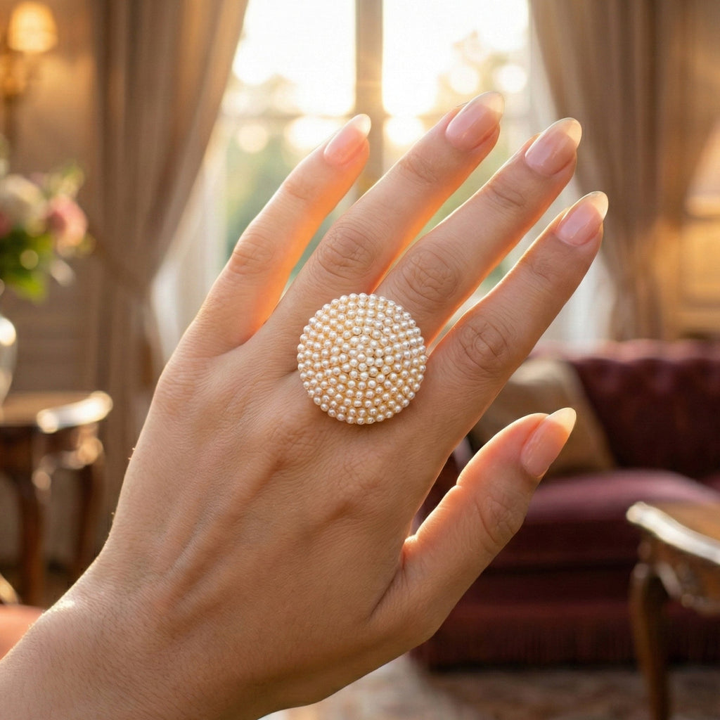 Antique Gold Polish Clustered Pearl Statement Ring for women