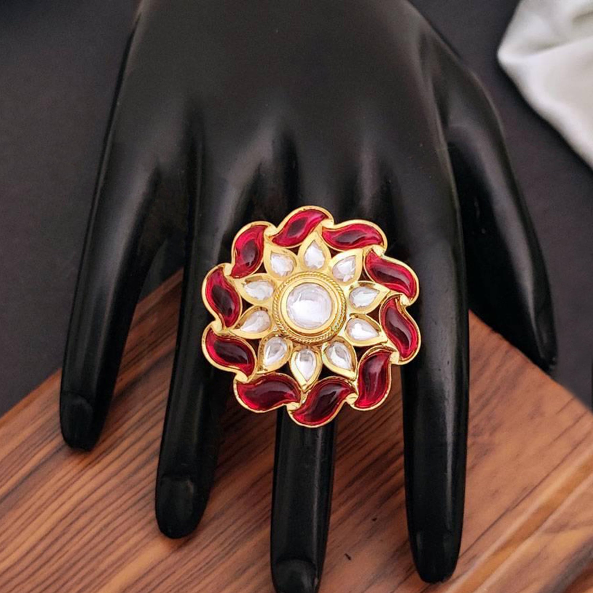 Kundan and glass bead ethnic statement ring with high gold polish