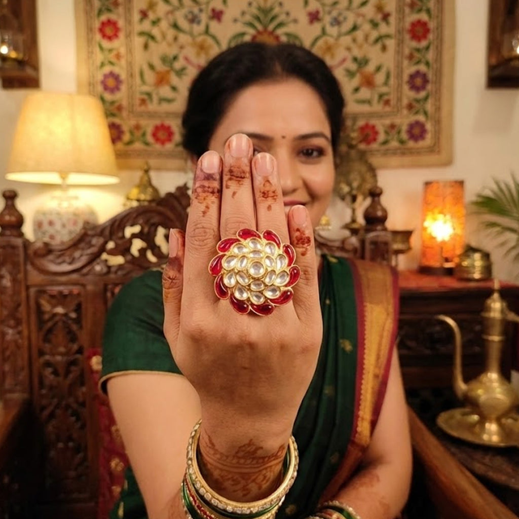 Fancy Kundan Statement Ring in High Gold Polish