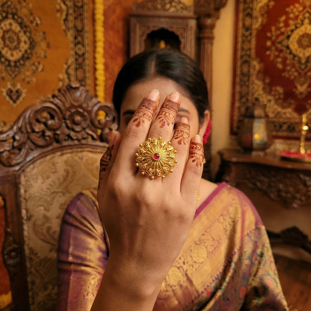 Antique Gold Polish Ethnic Statement Ring Set for Women