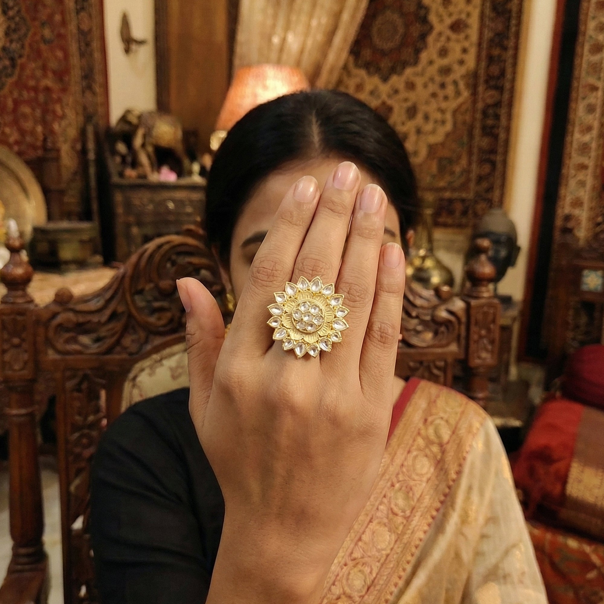 JS Fashion Beautiful Full Stone Kundan High Gold Polish Finger Rings for Women | Adjustable Royal Ethnic Bridal Jewellery for Wedding, Party & Festive | Statement Ring Gift Set