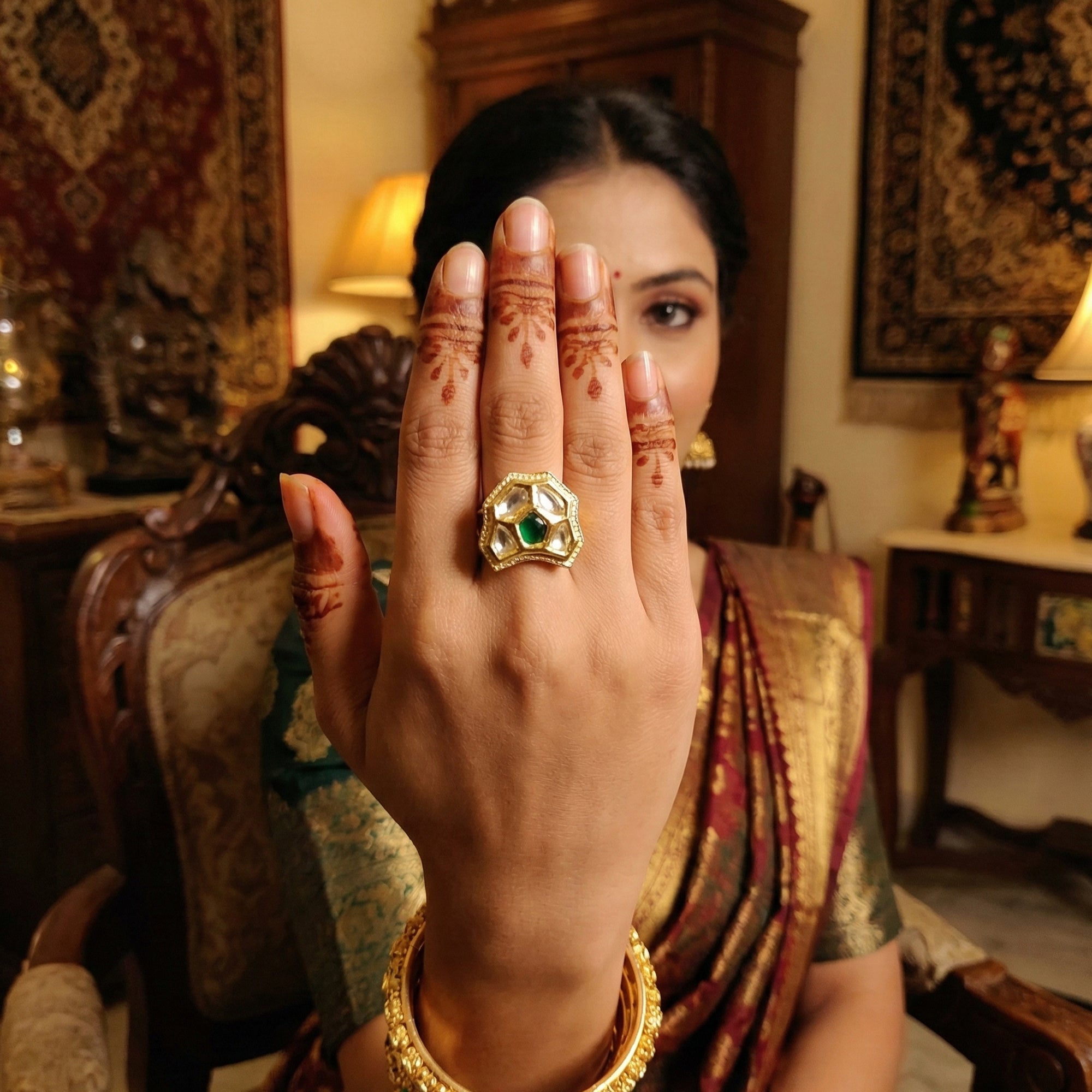 Traditional Kundan Finger Ring with Multi Center Stone Gold Finish
