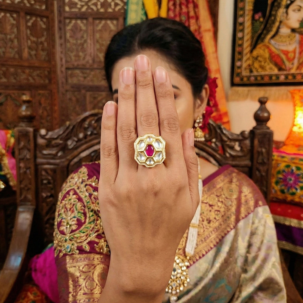 Floral Kundan Adjustable Finger Ring with Multi-Stone High Gold Finish