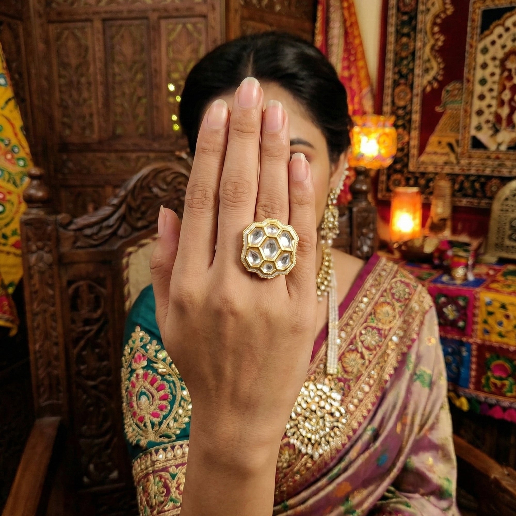 Floral Kundan Adjustable Finger Ring with Multi-Stone High Gold Finish
